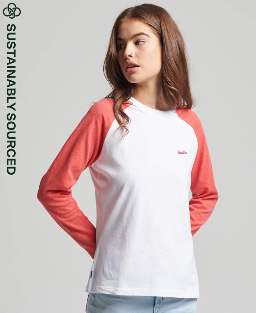 camiseta de manga comprida estilo baseball vintage em algodão orgânico na cor mescla opticcoral reef.