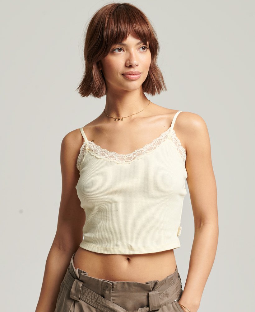 top de alças vintage mini com renda canelada na cor sorvete de limão.
