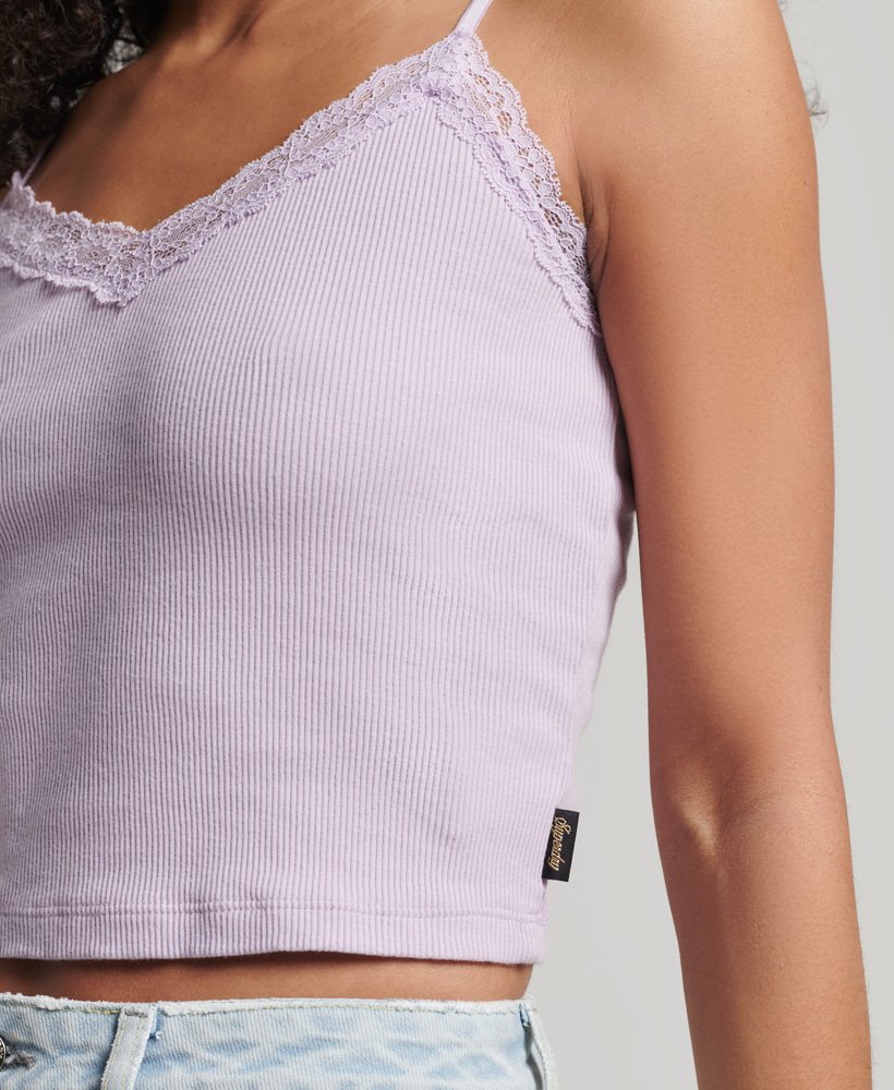 top de alças vintage mini com renda canelada na cor violeta palma.