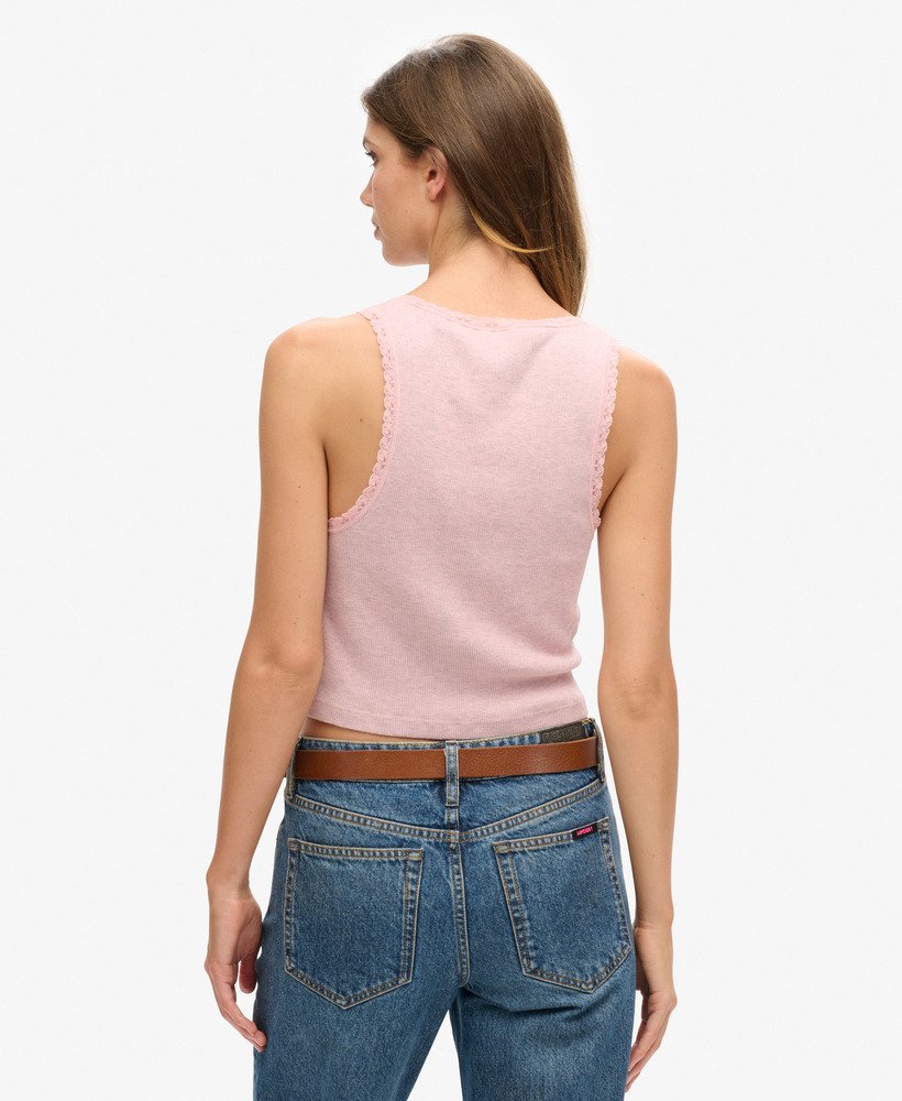 colete vintage em algodão orgânico com detalhes em renda na cor rosa mescla suave la.