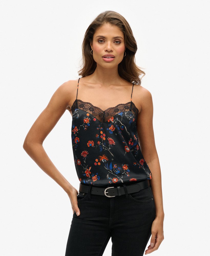 top de alças em cetim com detalhes em renda e estampa rinko preta.