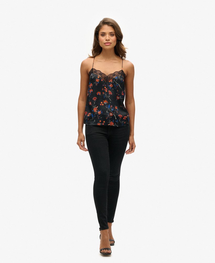 top de alças em cetim com detalhes em renda e estampa rinko preta.