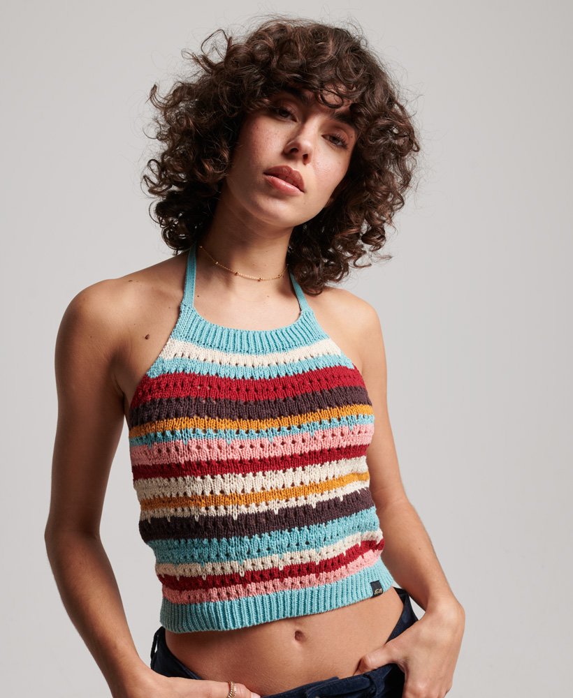 top de crochê estilo halter em listras verde-berilo
