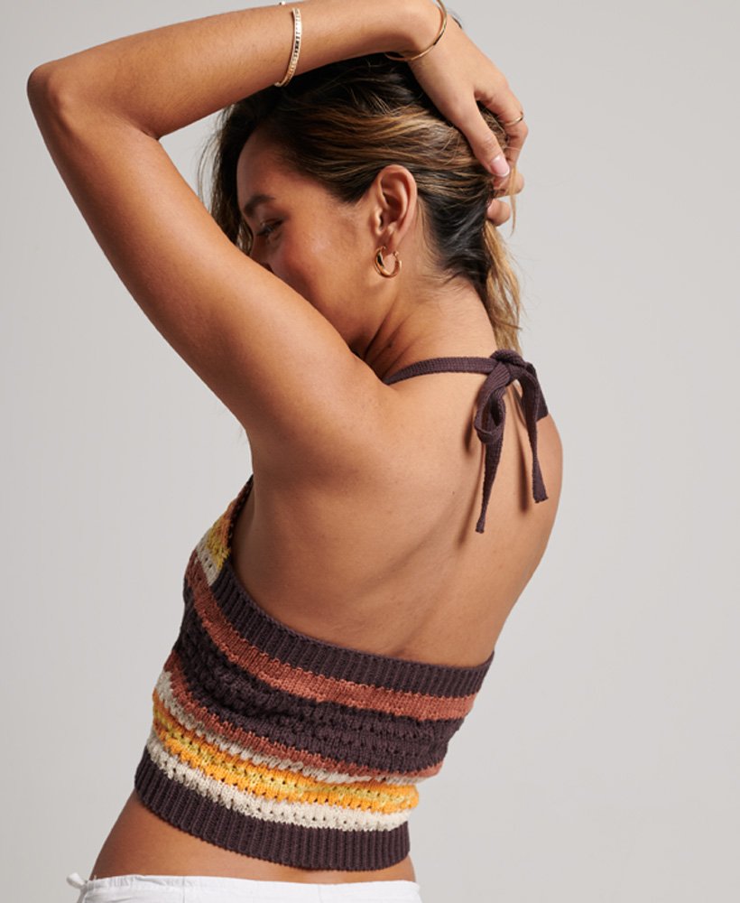 top de crochê estilo halter com listras marrons