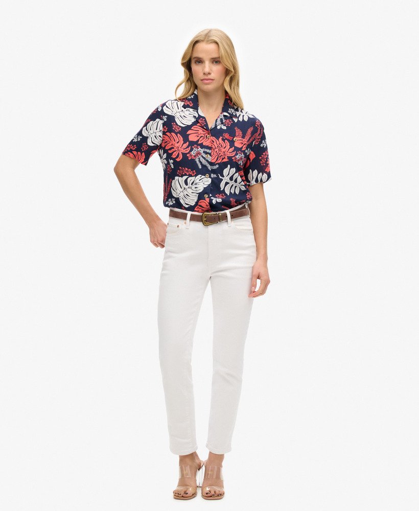 camisa estilo resort de praia na cor azul marinho havaiano