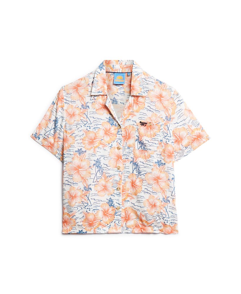 camisa de resort de praia em azul marinho com hibisco