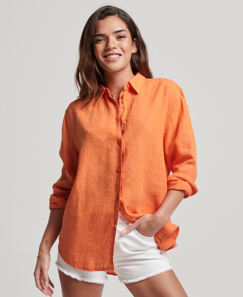 camisa boyfriend casual de linho na cor laranja jaffa