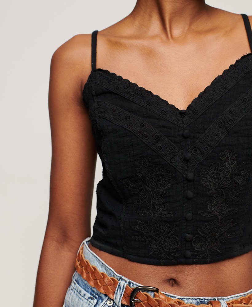top de alcinha vintage bordado na cor preta.