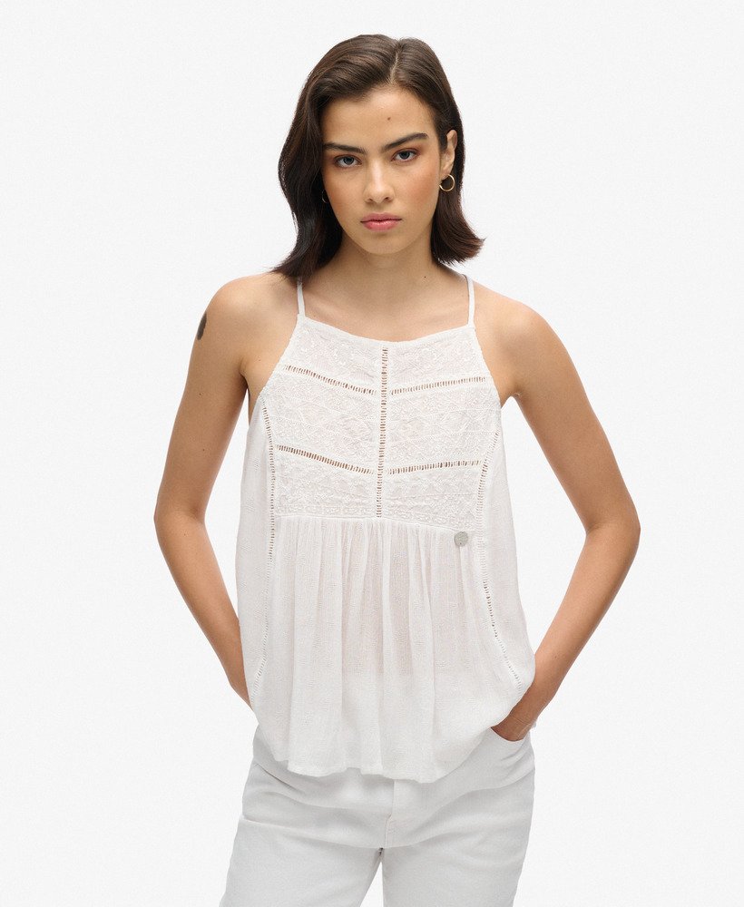 top de alças vintage com detalhe em renda na cor off white