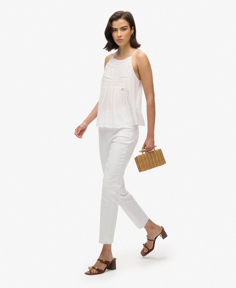 top de alças vintage com detalhe em renda na cor off white