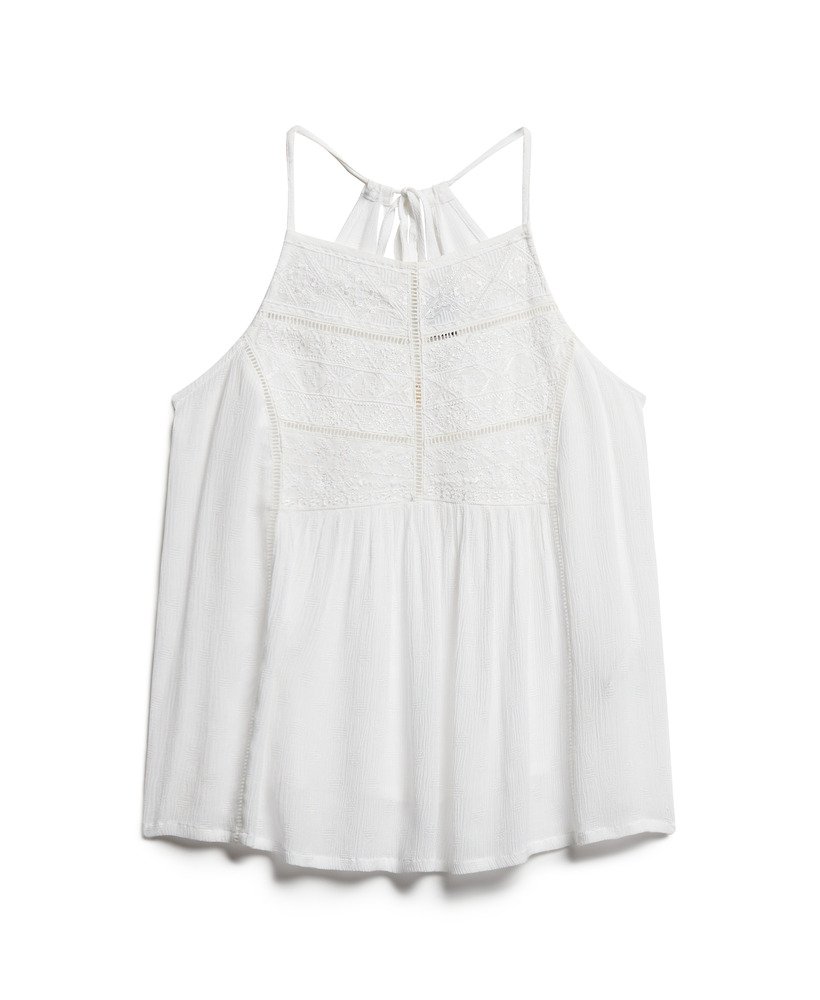 top de alças vintage com detalhe em renda na cor off white
