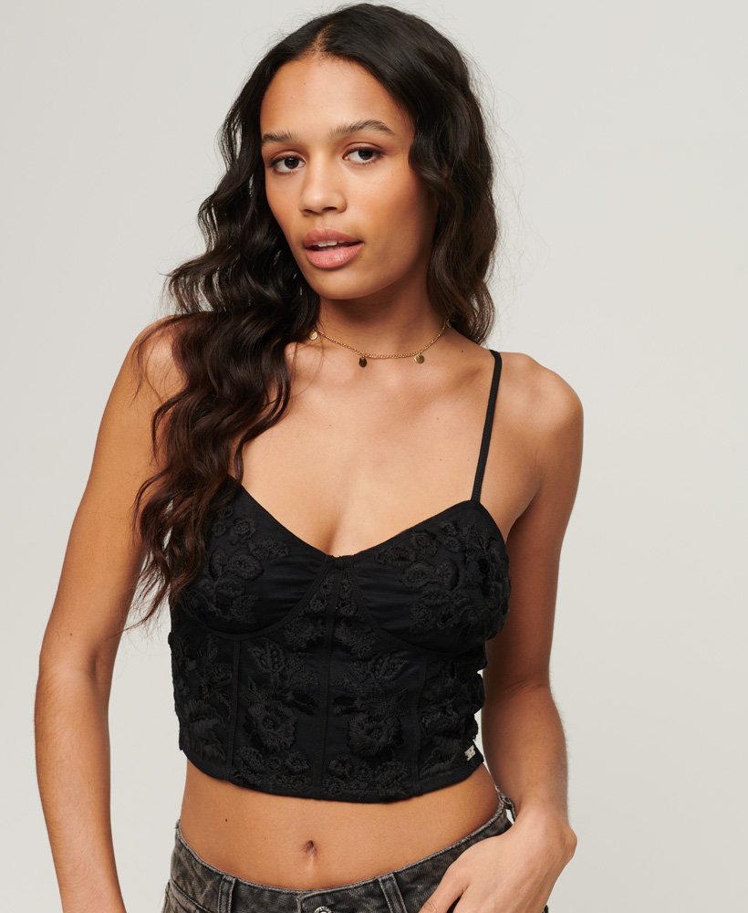 top corset bordado com flores na cor preto jato