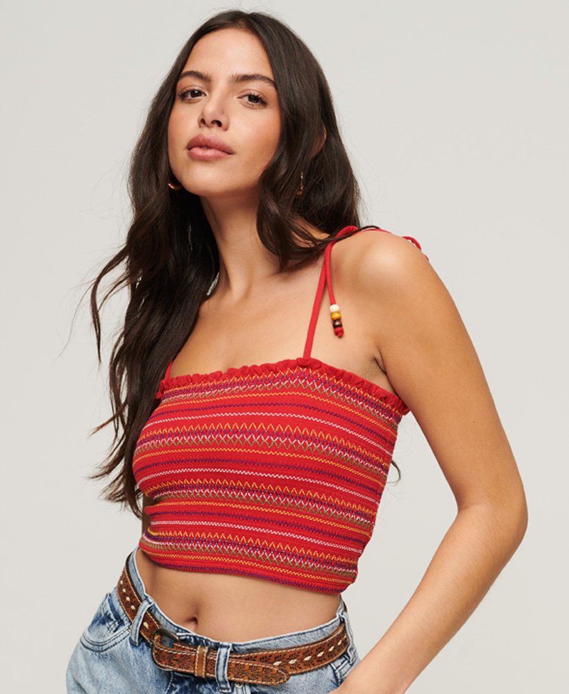 top de alças com bordado e detalhe franzido na cor vermelho risco.