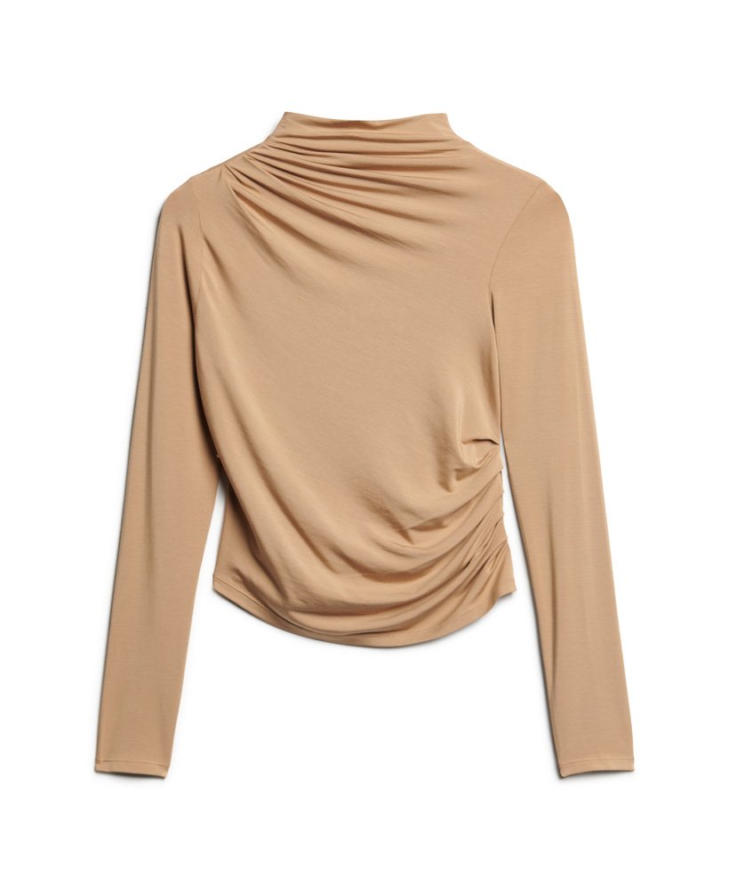 blusa de manga comprida com gola alta franzida na cor marrom bronze.