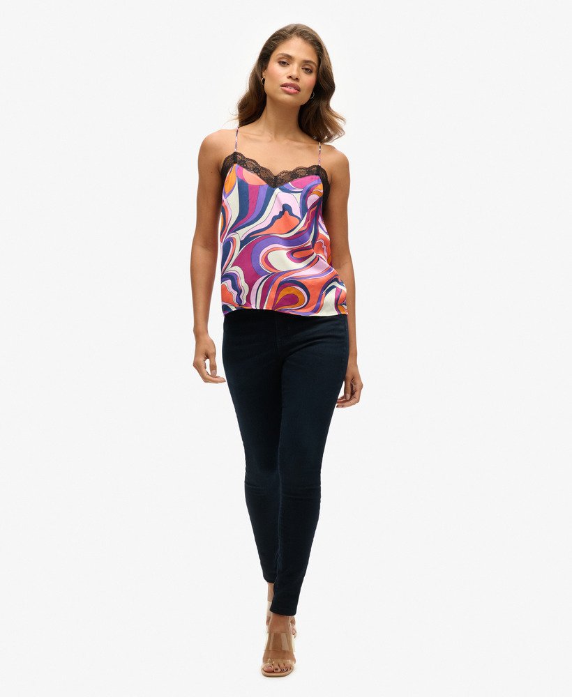 top de alças em cetim com detalhes em renda na cor presley multicolorida.
