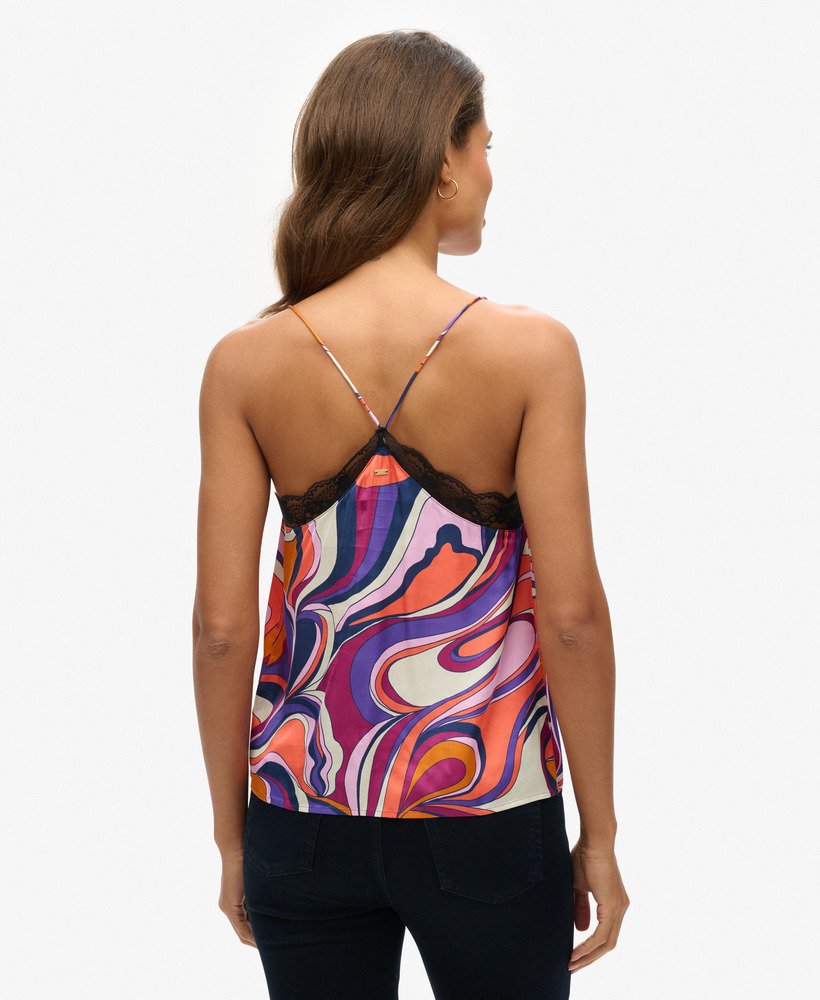 top de alças em cetim com detalhes em renda na cor presley multicolorida.