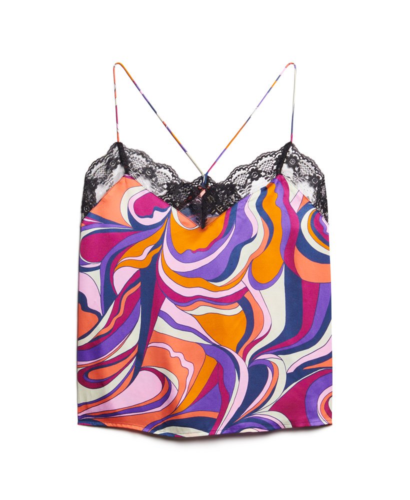 top de alças em cetim com detalhes em renda na cor presley multicolorida.