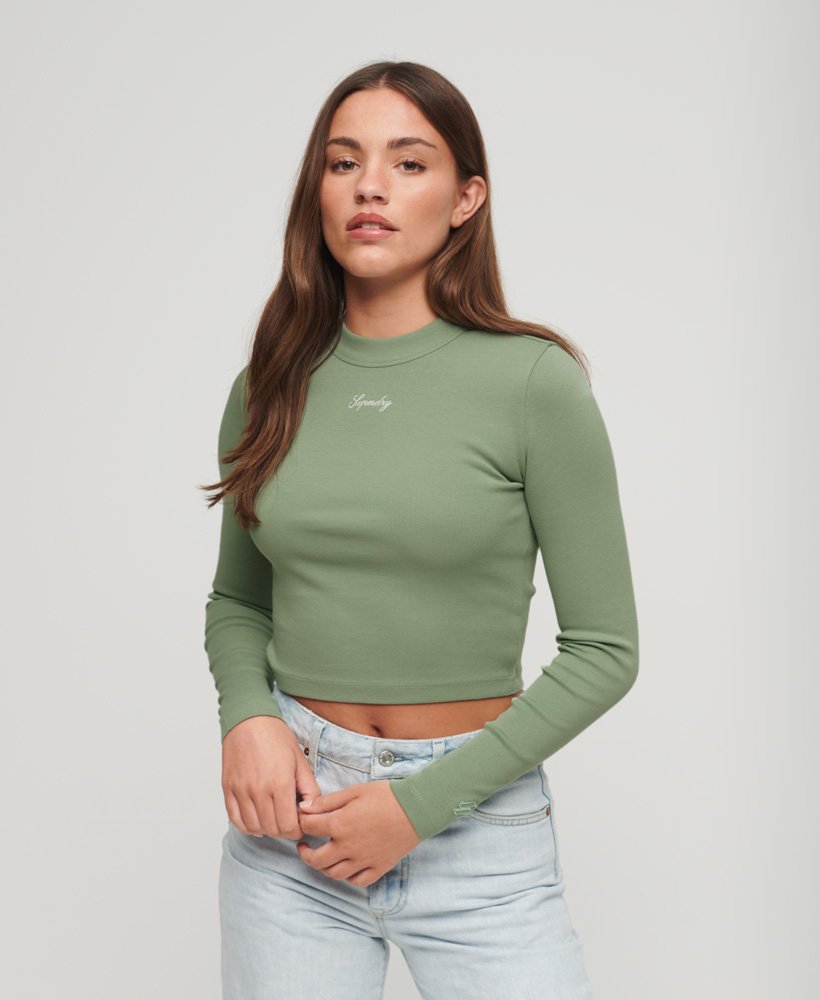 top cropped canelado de manga comprida com bordado na cor verde jade claro.