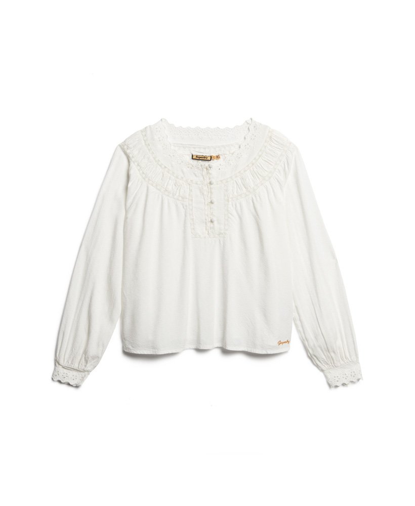 blusa de tecido plano com detalhes em renda na cor cru