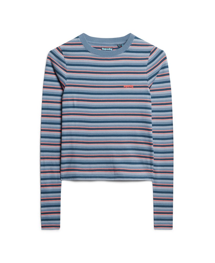 blusa listrada de manga comprida em azul wedgewood.