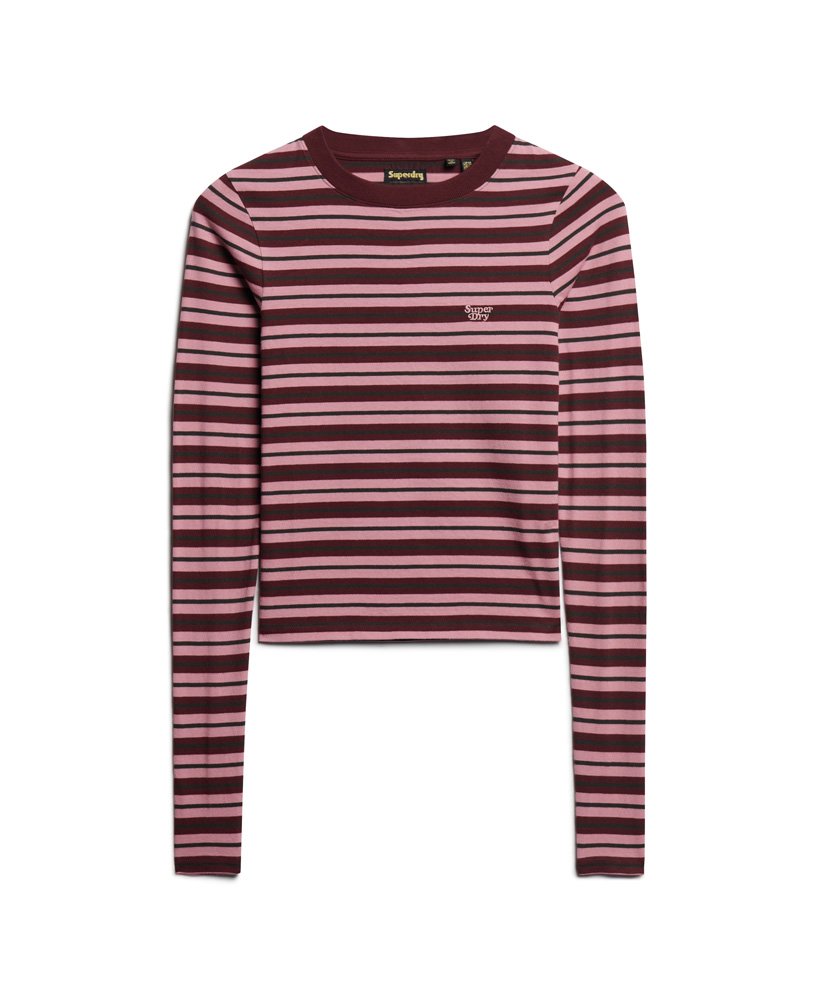 blusa listrada de manga comprida em tons de lilás e rosa.