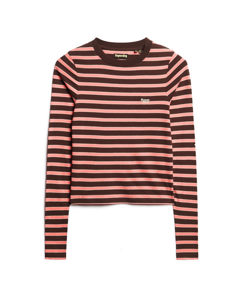 blusa listrada de manga comprida em marrom chocolate escuro.