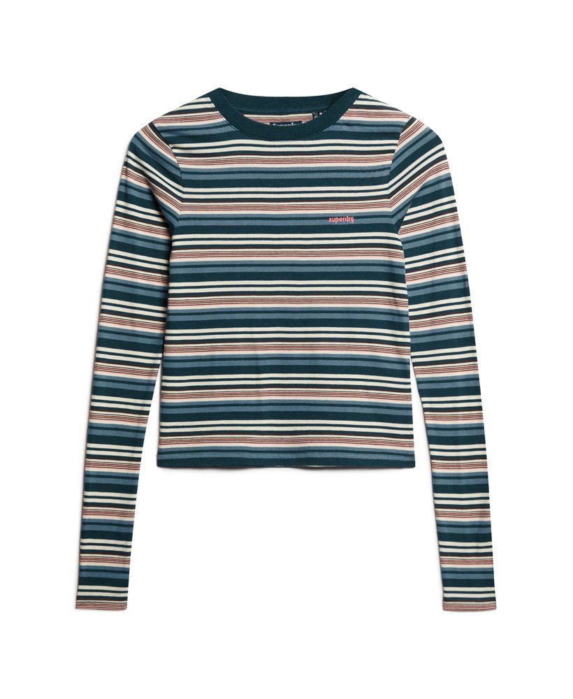 blusa listrada de manga comprida na cor azul-garrafa.
