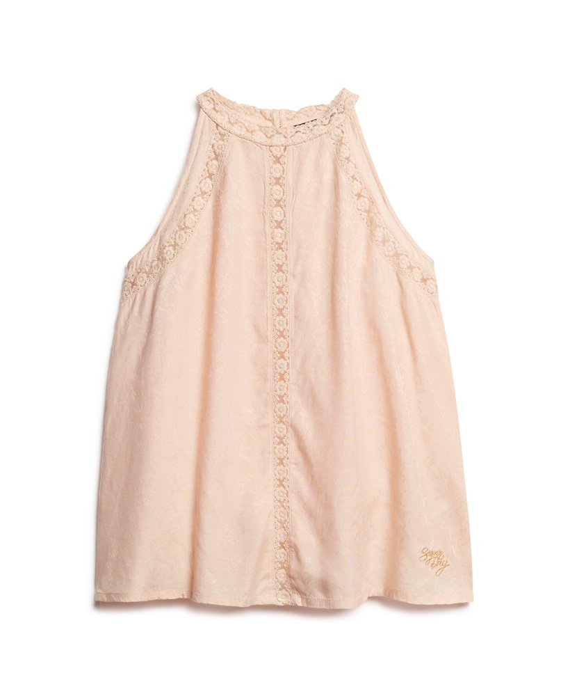 blusa de renda sem mangas com gola alta em tom rosa claro