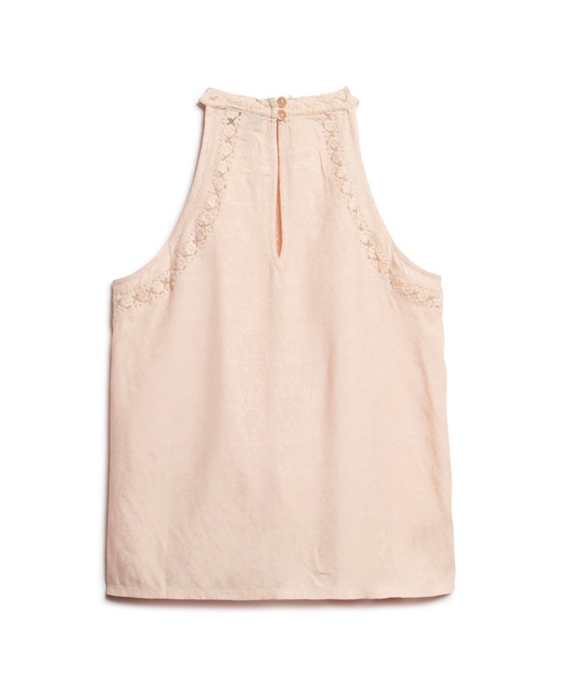 blusa de renda sem mangas com gola alta em tom rosa claro