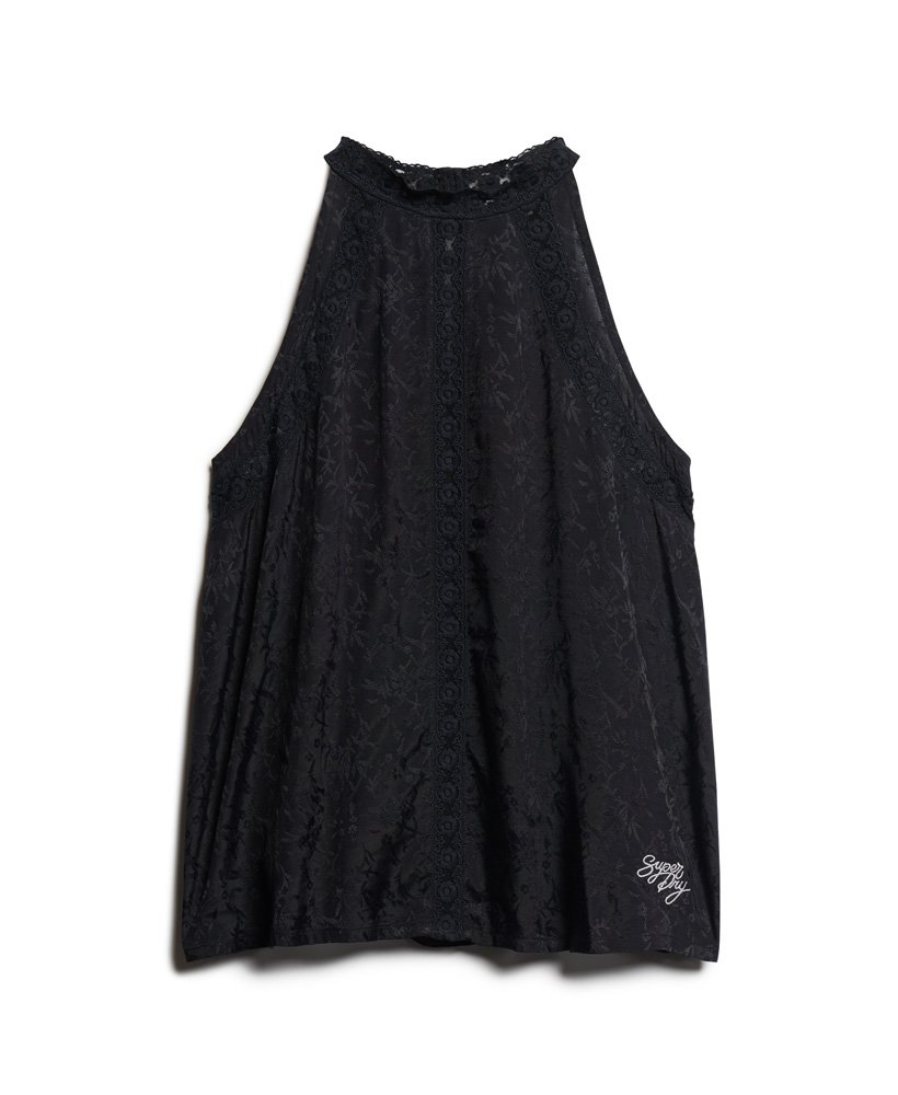 blusa sem mangas de renda com gola alta na cor preta urbana.