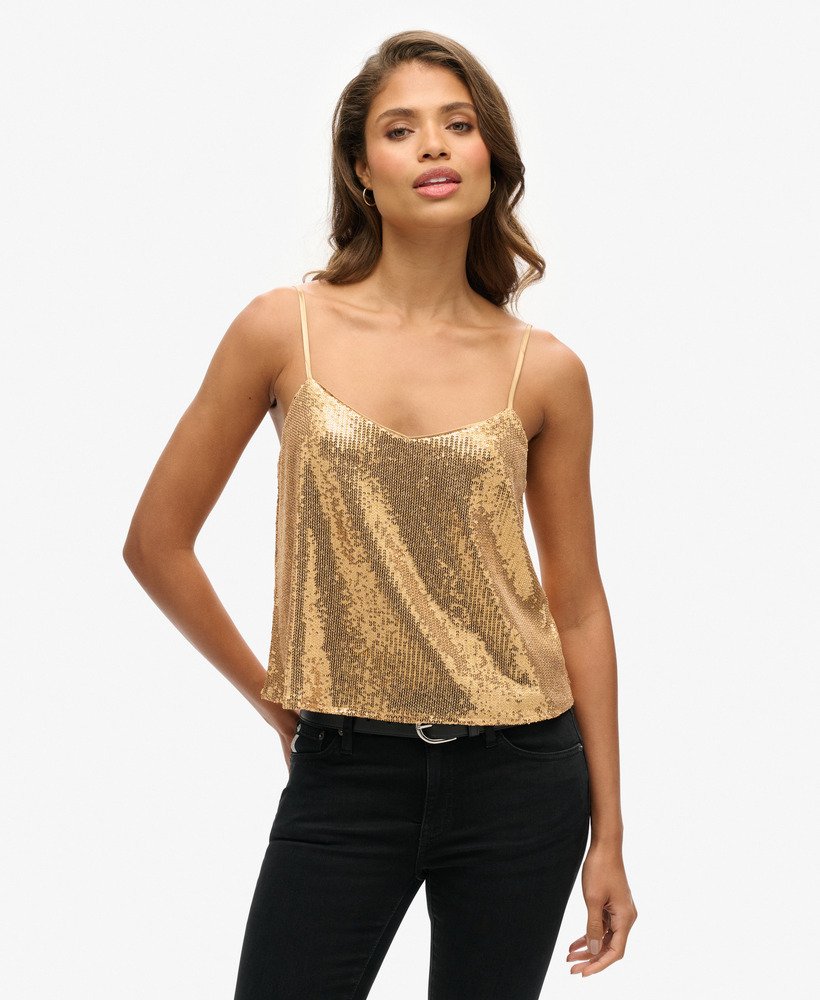 top de alcinha com lantejoulas em dourado champanhe.