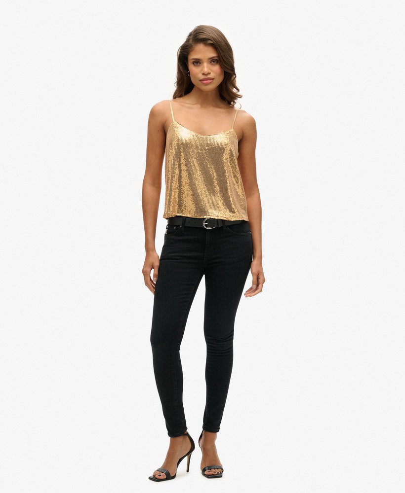 top de alcinha com lantejoulas em dourado champanhe.
