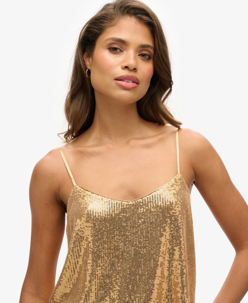 top de alcinha com lantejoulas em dourado champanhe.