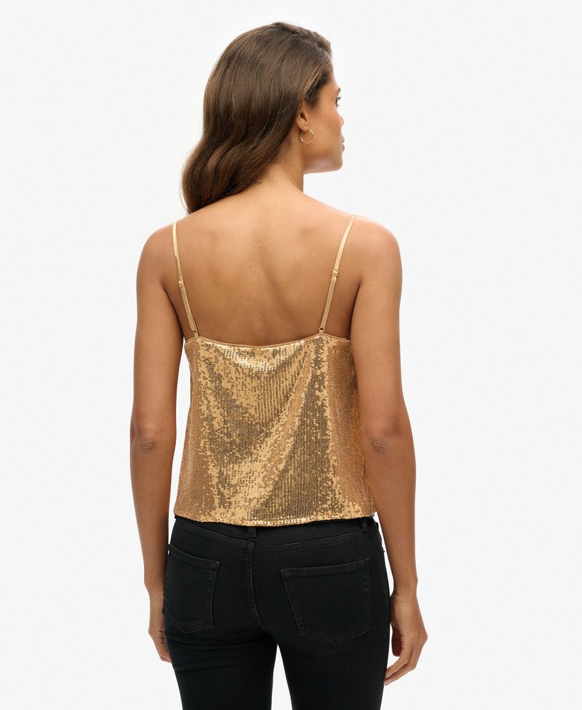 top de alcinha com lantejoulas em dourado champanhe.