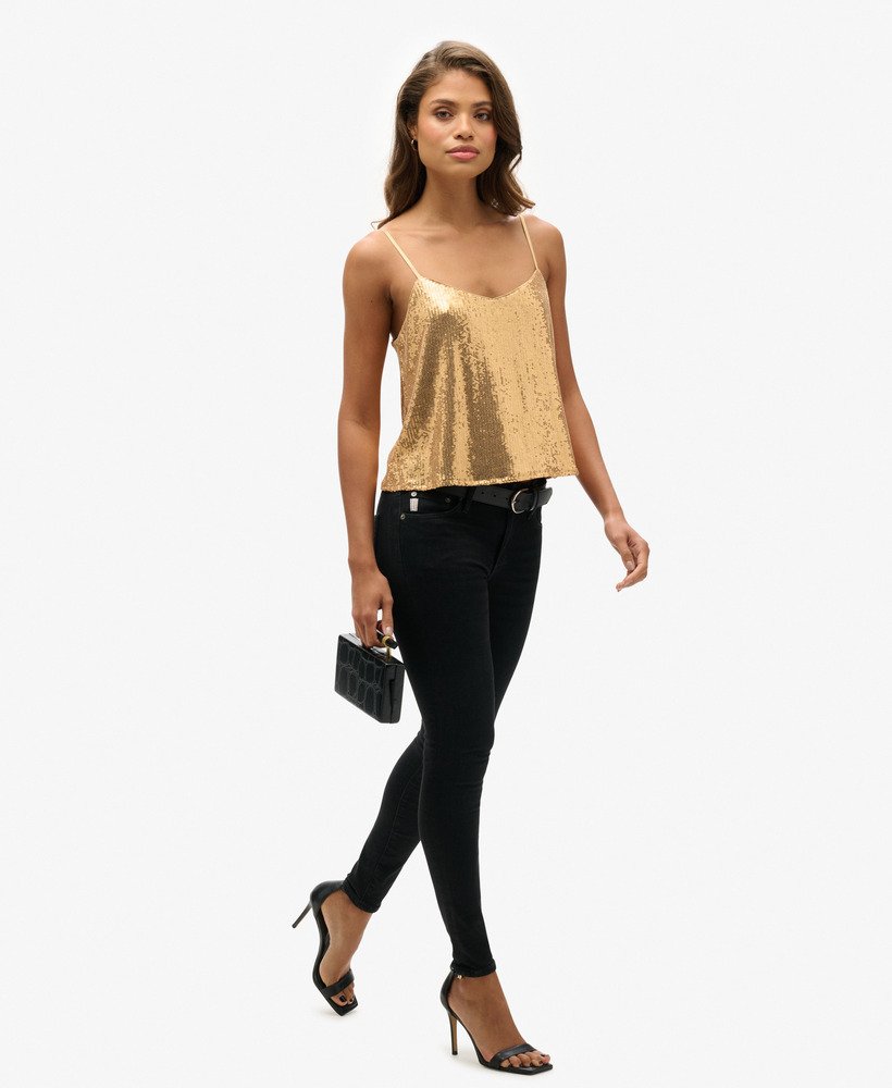 top de alcinha com lantejoulas em dourado champanhe.