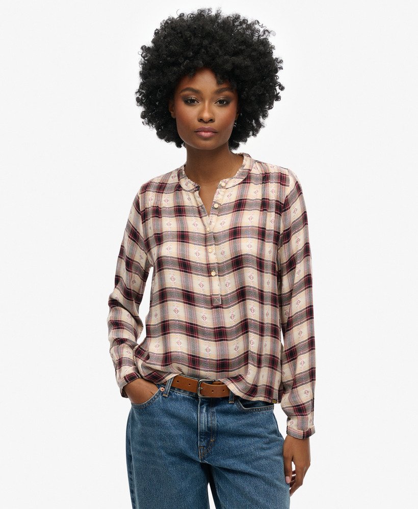 blusa xadrez de manga comprida em jacquard vermelho.