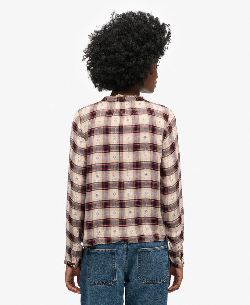 blusa xadrez de manga comprida em jacquard vermelho.