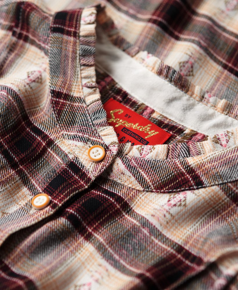 blusa xadrez de manga comprida em jacquard vermelho.