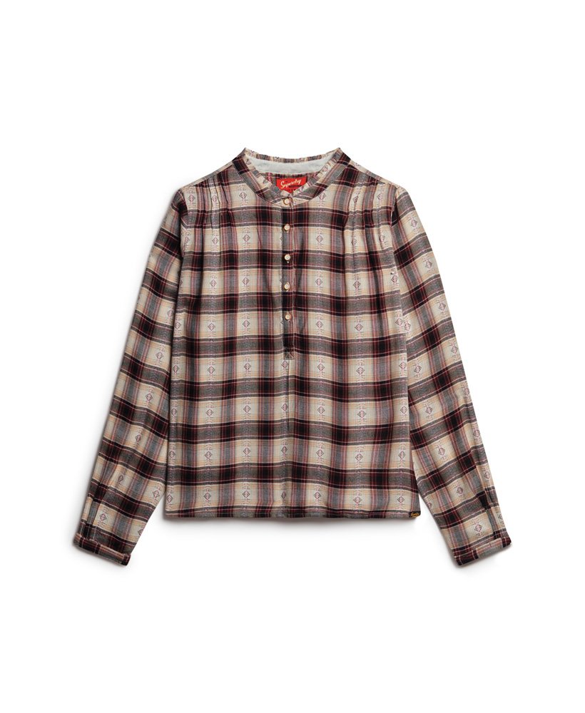 blusa xadrez de manga comprida em jacquard vermelho.