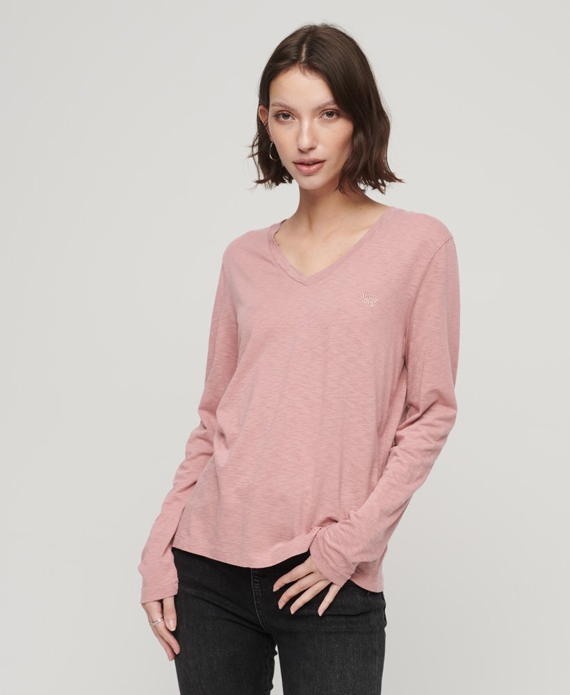 blusa de manga comprida com decote em v em malha na cor rosa mesa.