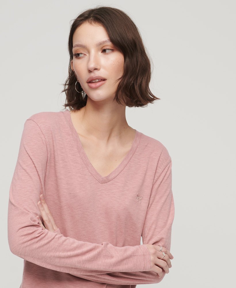 blusa de manga comprida com decote em v em malha na cor rosa mesa.