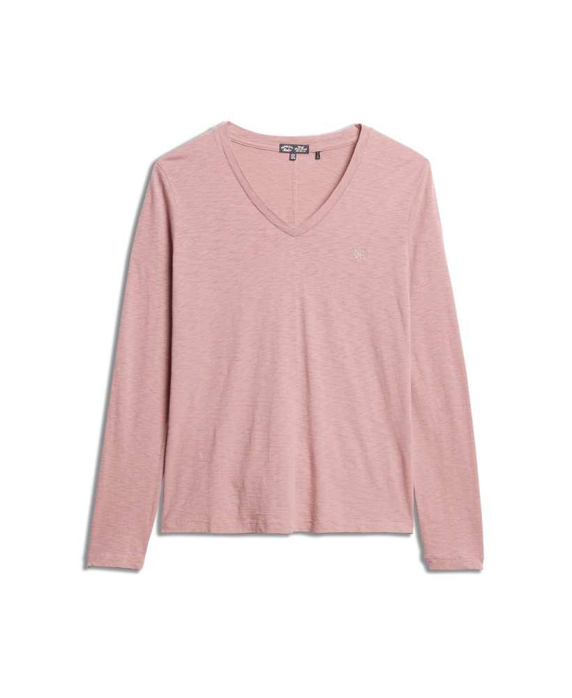 blusa de manga comprida com decote em v em malha na cor rosa mesa.