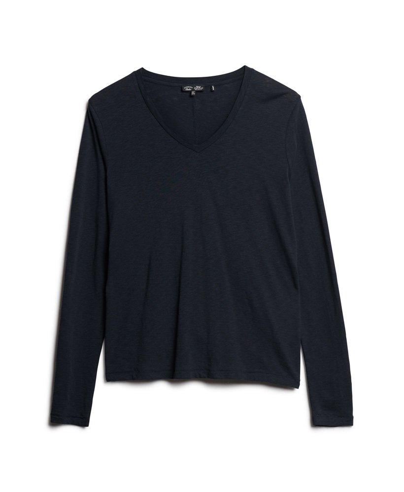 blusa de manga comprida com decote em v em malha na cor azul marinho eclipse.