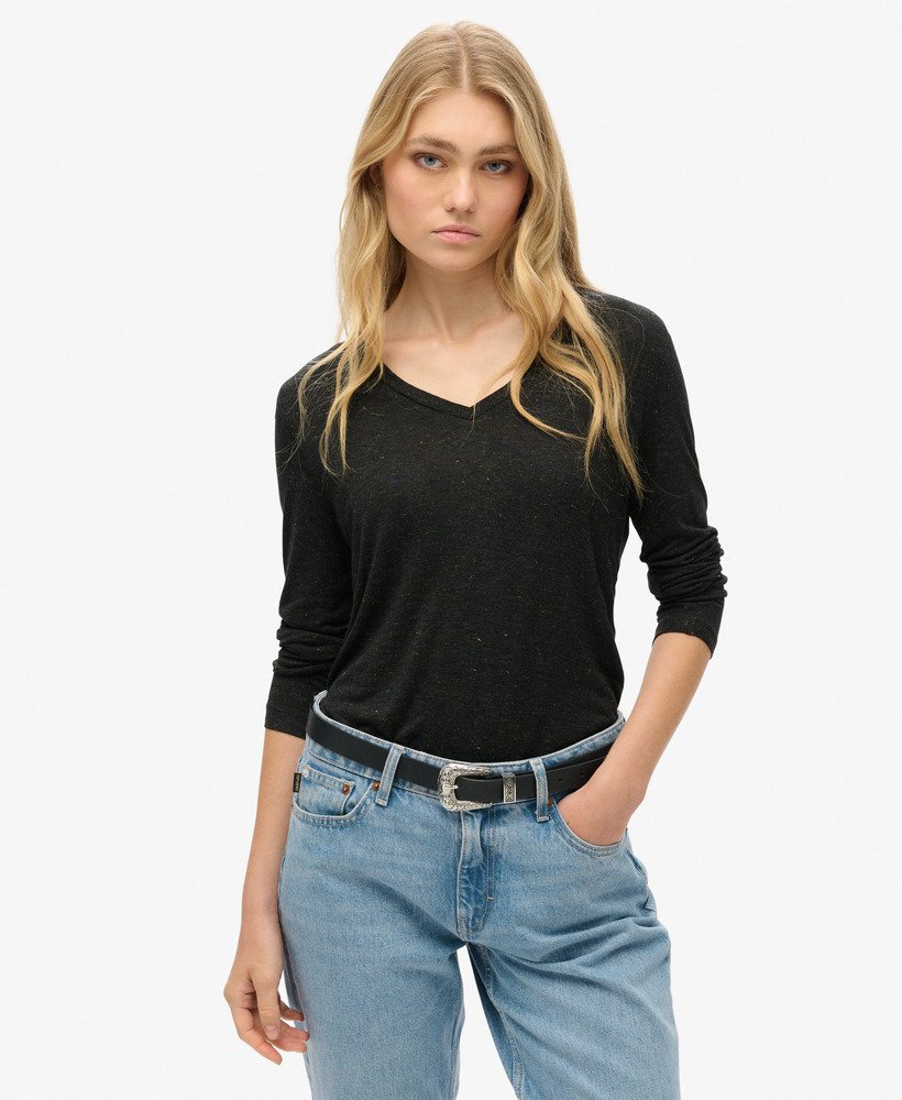 blusa de manga comprida com decote em v em malha na cor preta metÁlica