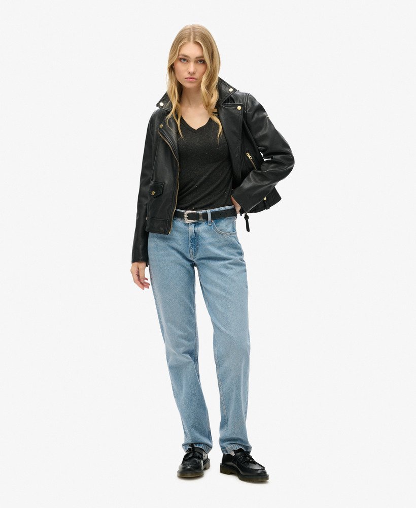 blusa de manga comprida com decote em v em malha na cor preta metÁlica