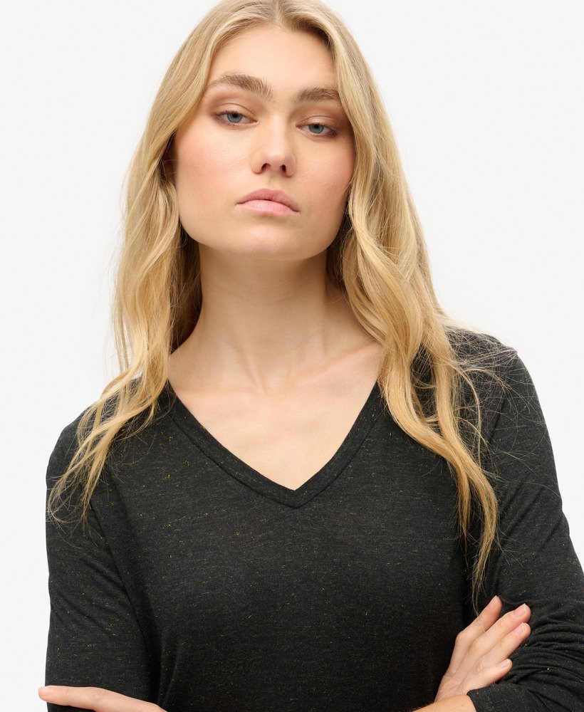 blusa de manga comprida com decote em v em malha na cor preta metÁlica