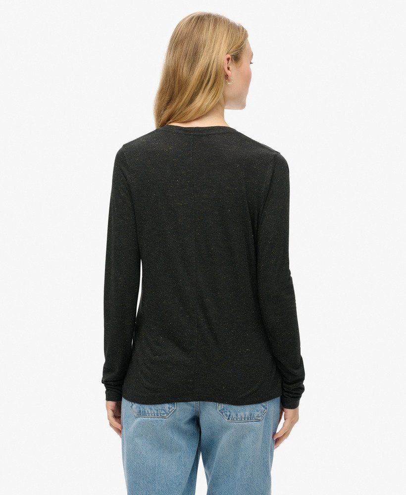 blusa de manga comprida com decote em v em malha na cor preta metÁlica