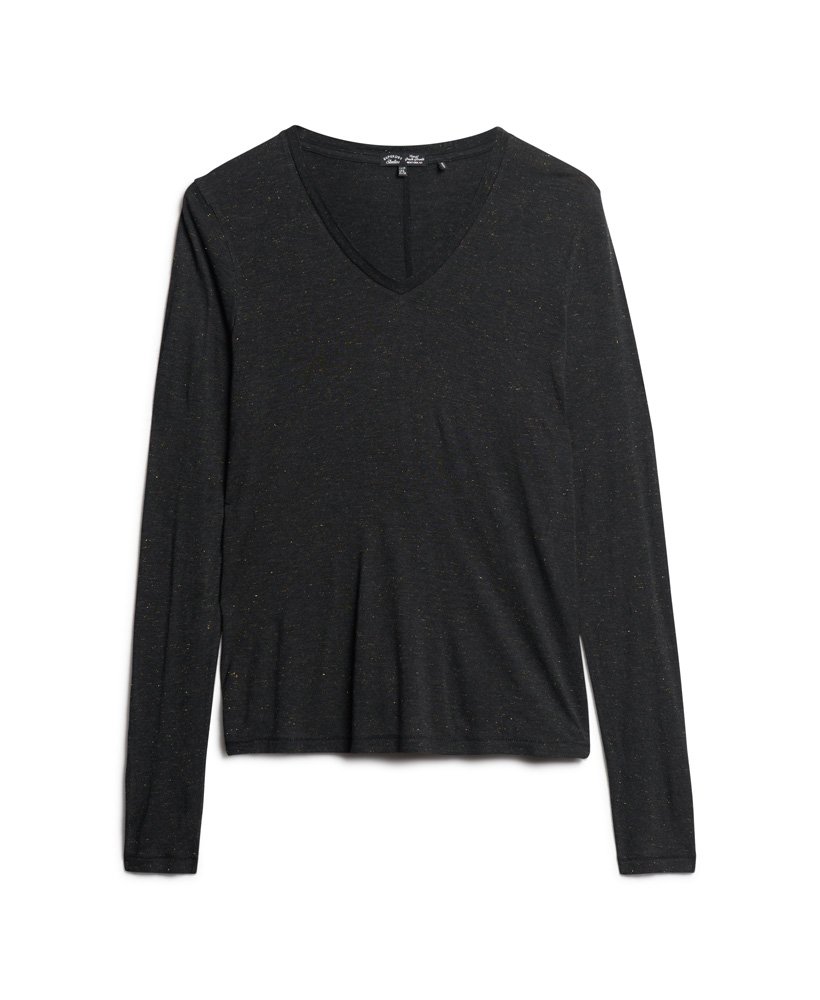 blusa de manga comprida com decote em v em malha na cor preta metÁlica