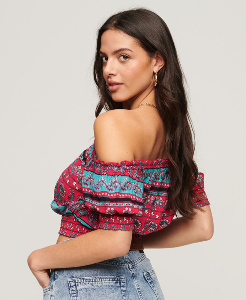 top cropped de manga curta com detalhe franzido em estampa paisley rosa paris.