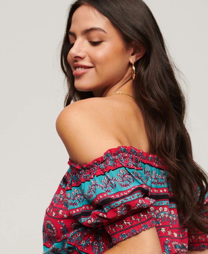 top cropped de manga curta com detalhe franzido em estampa paisley rosa paris.